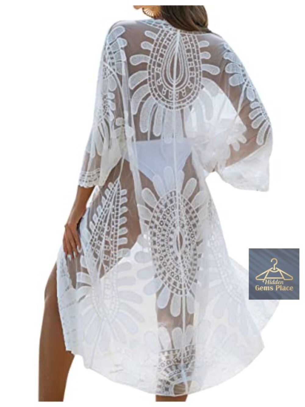 Mesh Kimono Beach Cover Up Lace Embroidered 3/4 Sleeve One Size